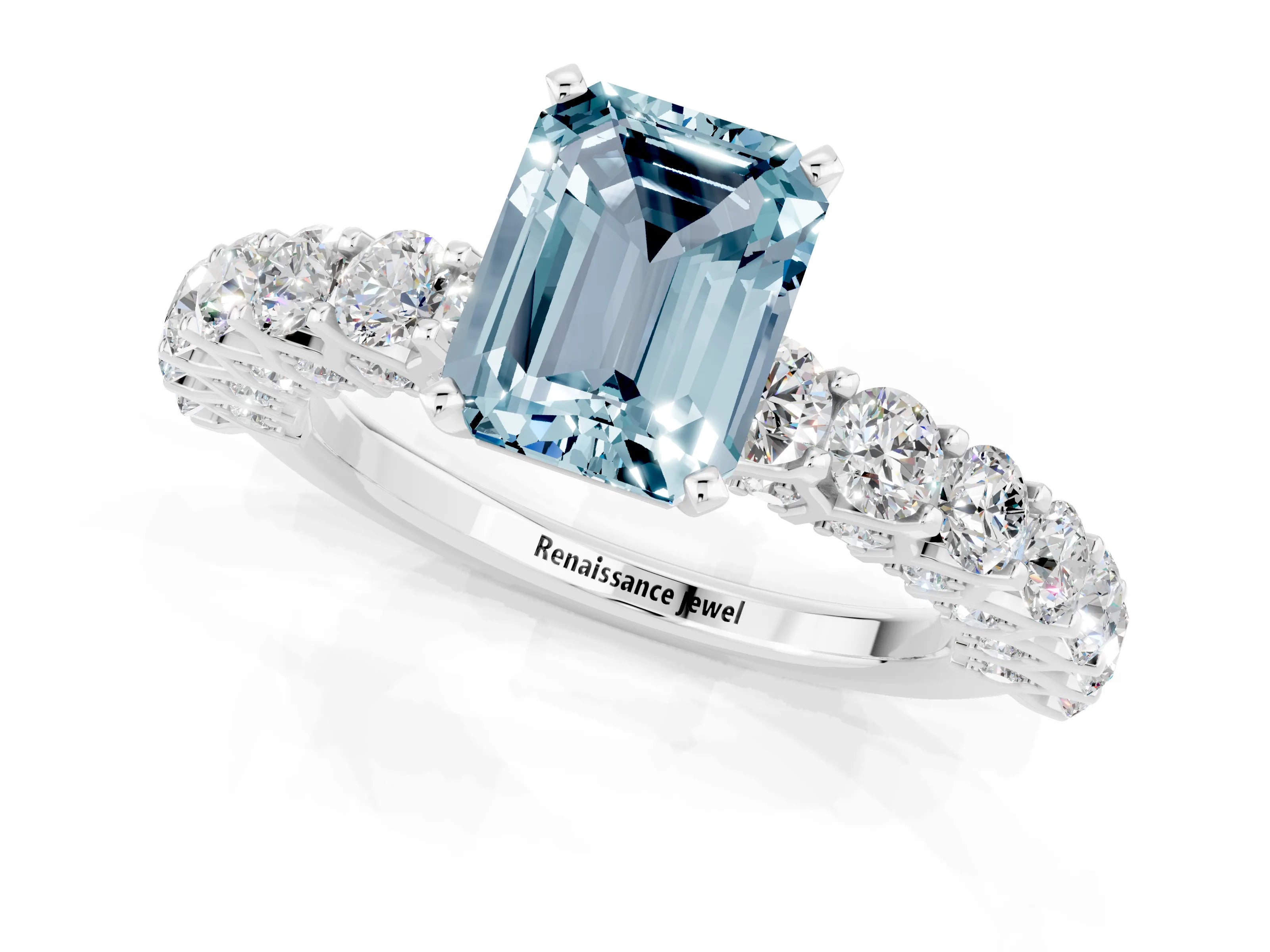 White gold Emerald Cut Aquamarine Solitaire Ring with Shared Prong Pavé Band and Four-Prong Setting_1
