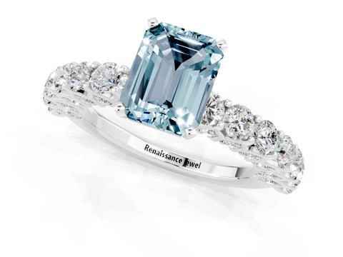 White gold Emerald Cut Aquamarine Solitaire Ring with Shared Prong Pavé Band and Four-Prong Setting_1