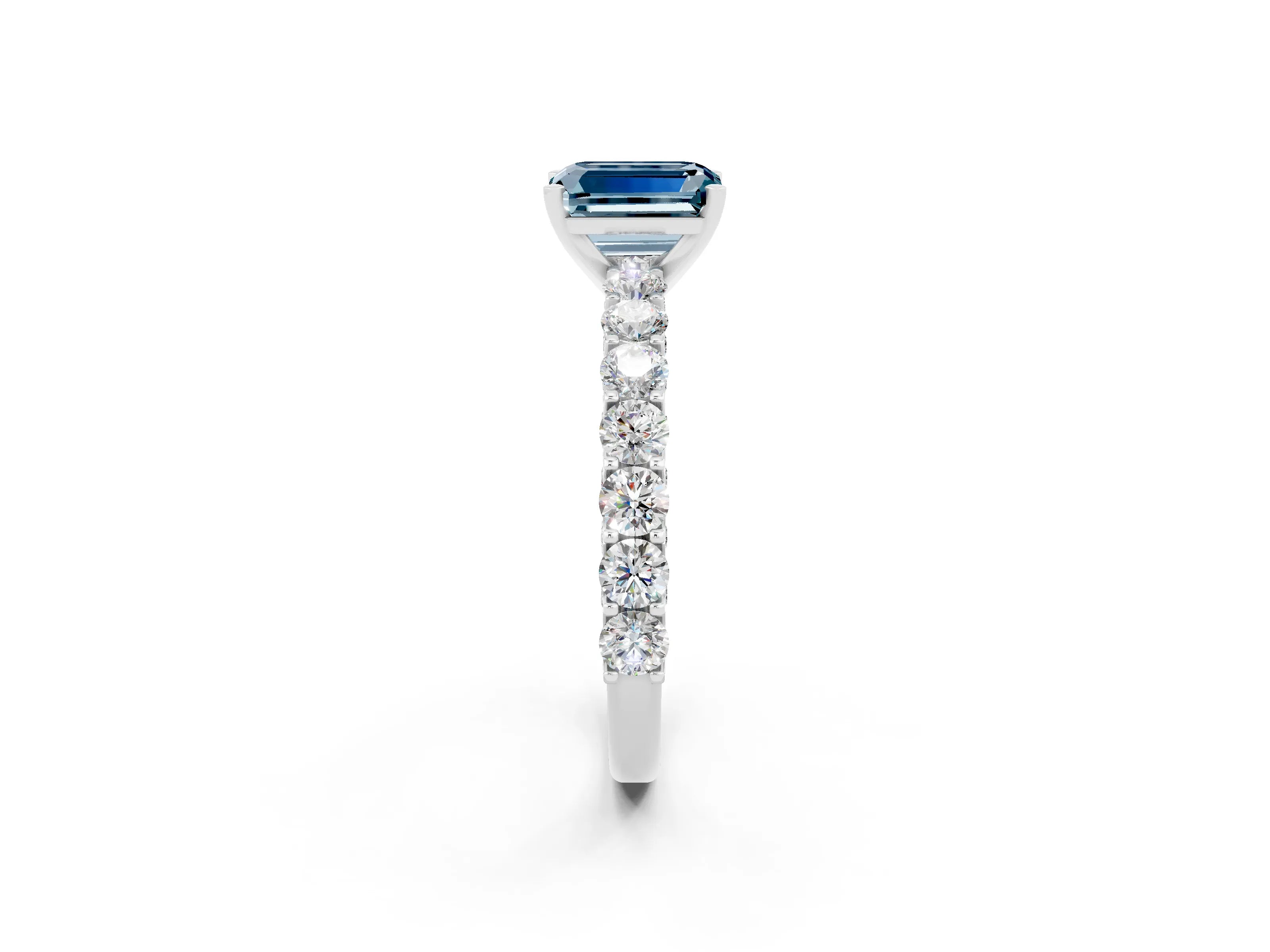 White gold Emerald Cut Aquamarine Solitaire Ring with Shared Prong Pavé Band and Four-Prong Setting_2
