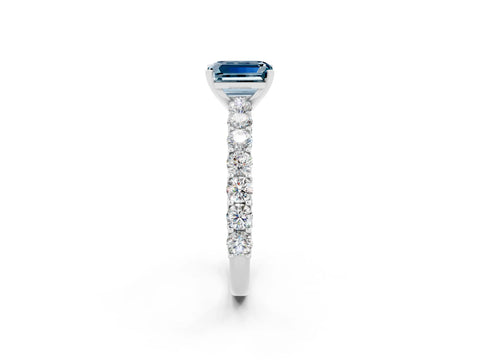 White gold Emerald Cut Aquamarine Solitaire Ring with Shared Prong Pavé Band and Four-Prong Setting_2
