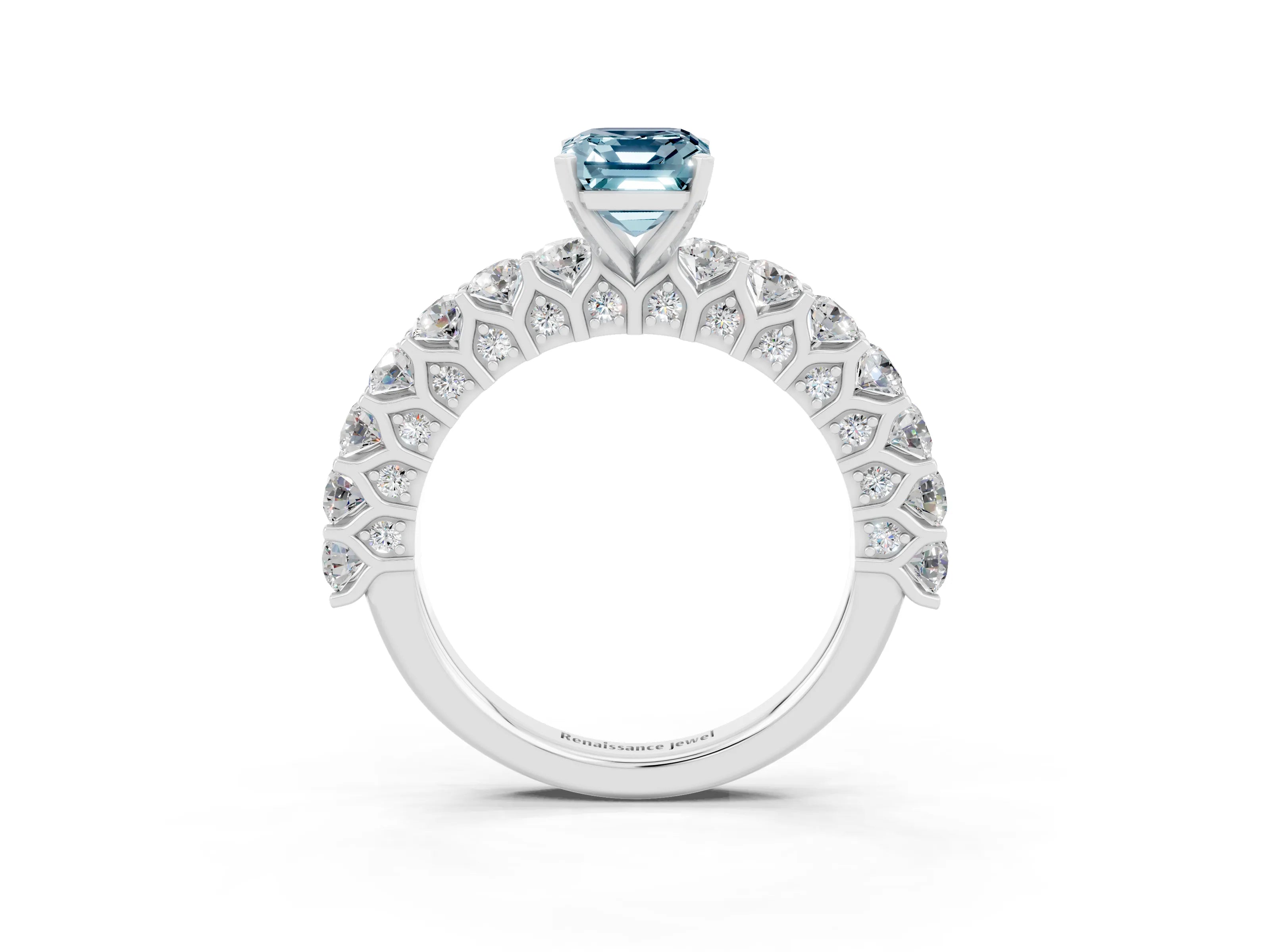 White gold Emerald Cut Aquamarine Solitaire Ring with Shared Prong Pavé Band and Four-Prong Setting_3