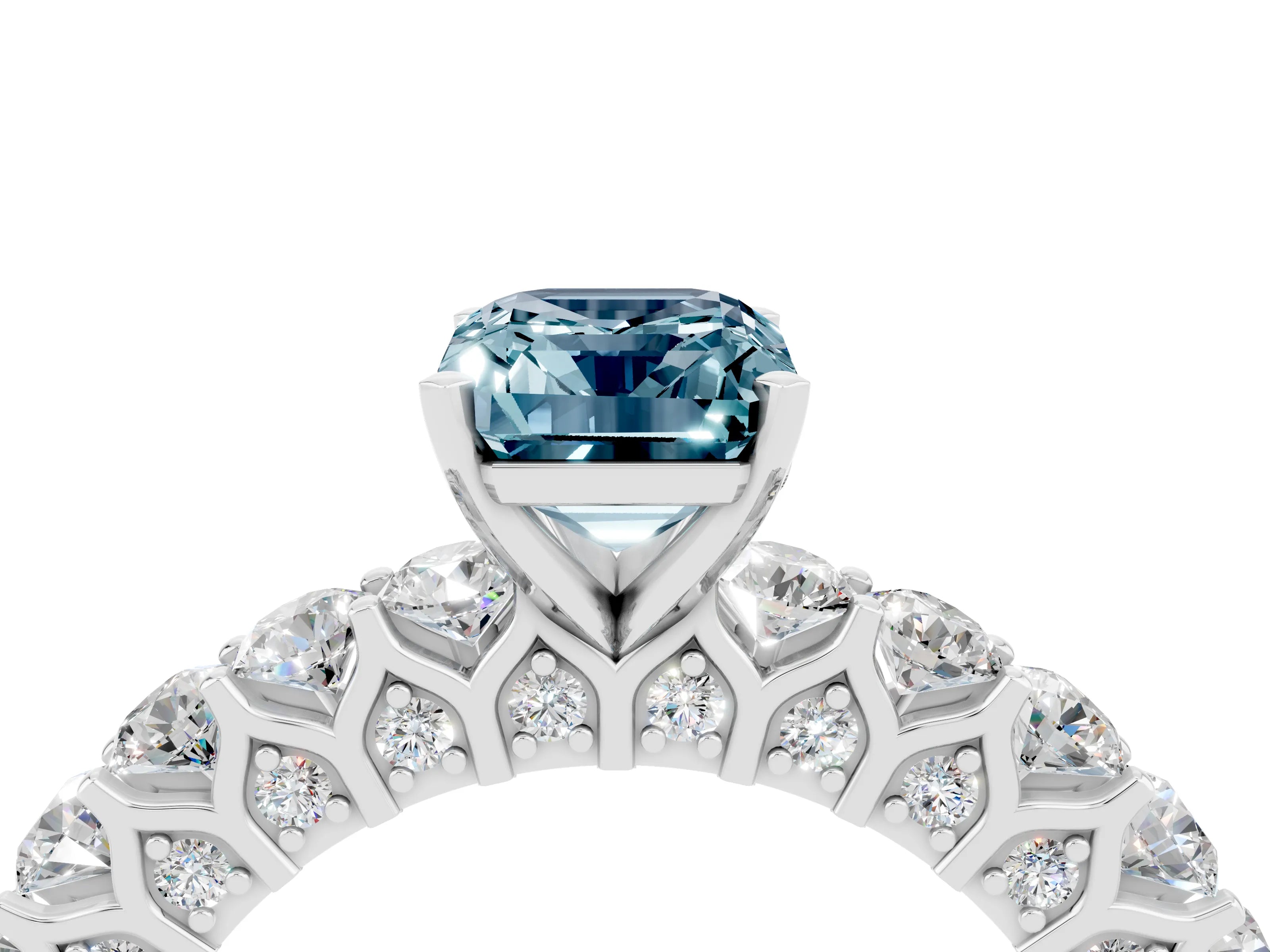White gold Emerald Cut Aquamarine Solitaire Ring with Shared Prong Pavé Band and Four-Prong Setting_4