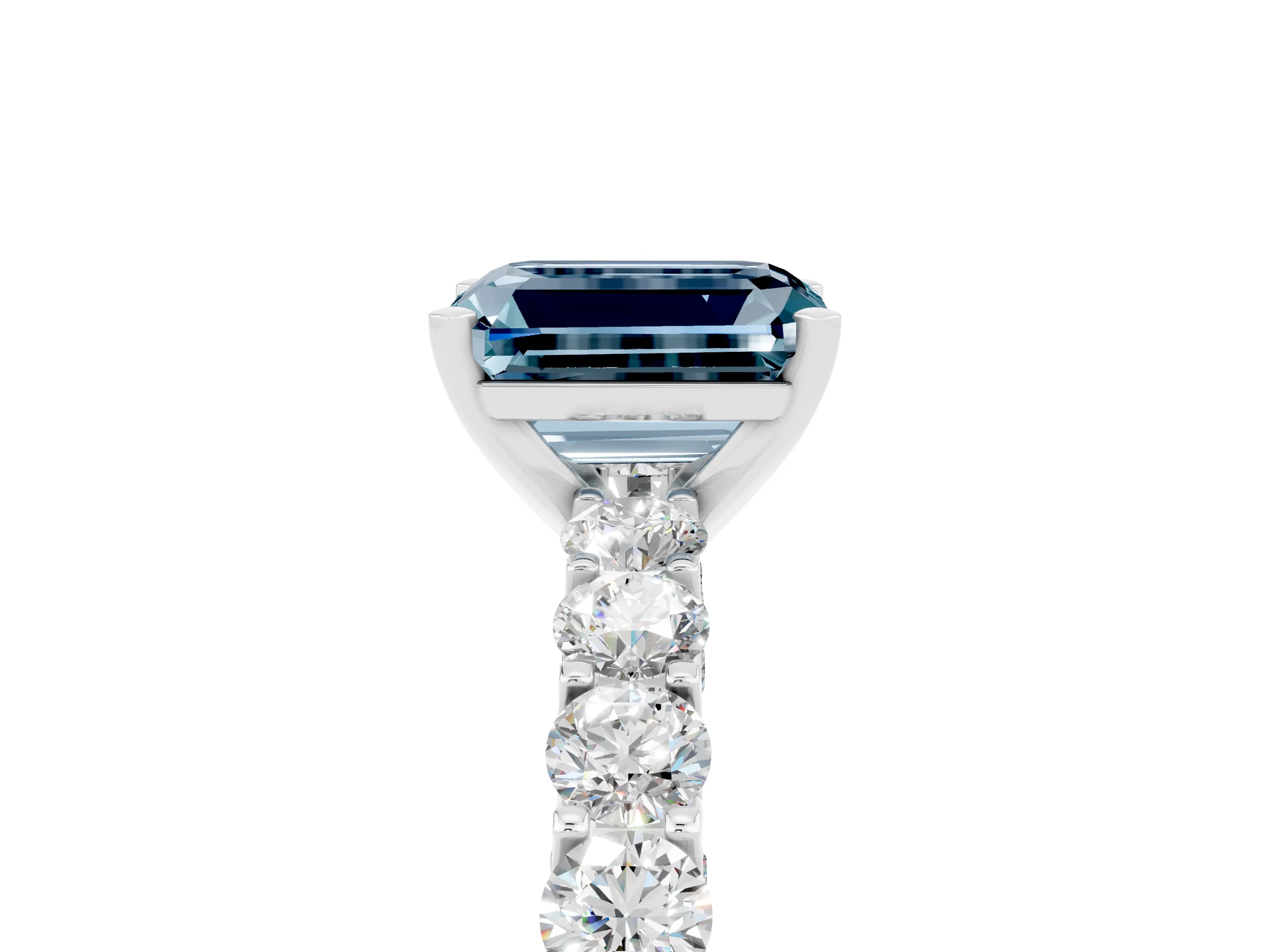 White gold Emerald Cut Aquamarine Solitaire Ring with Shared Prong Pavé Band and Four-Prong Setting_5
