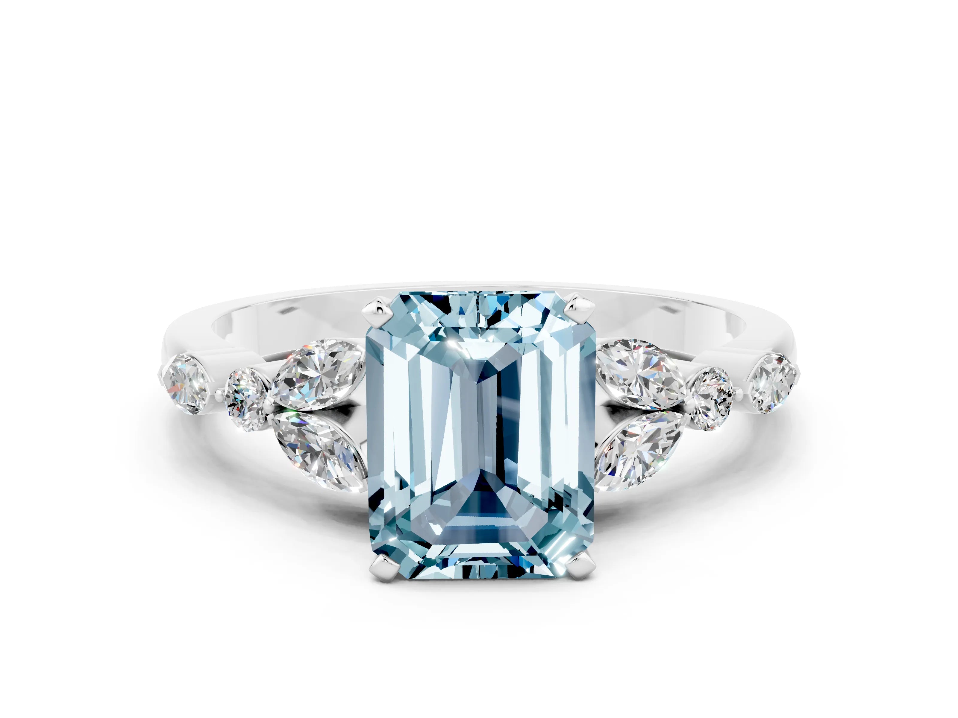 White gold Emerald Cut Aquamarine Solitaire Ring with Side Stones and Four-Prong Setting_12