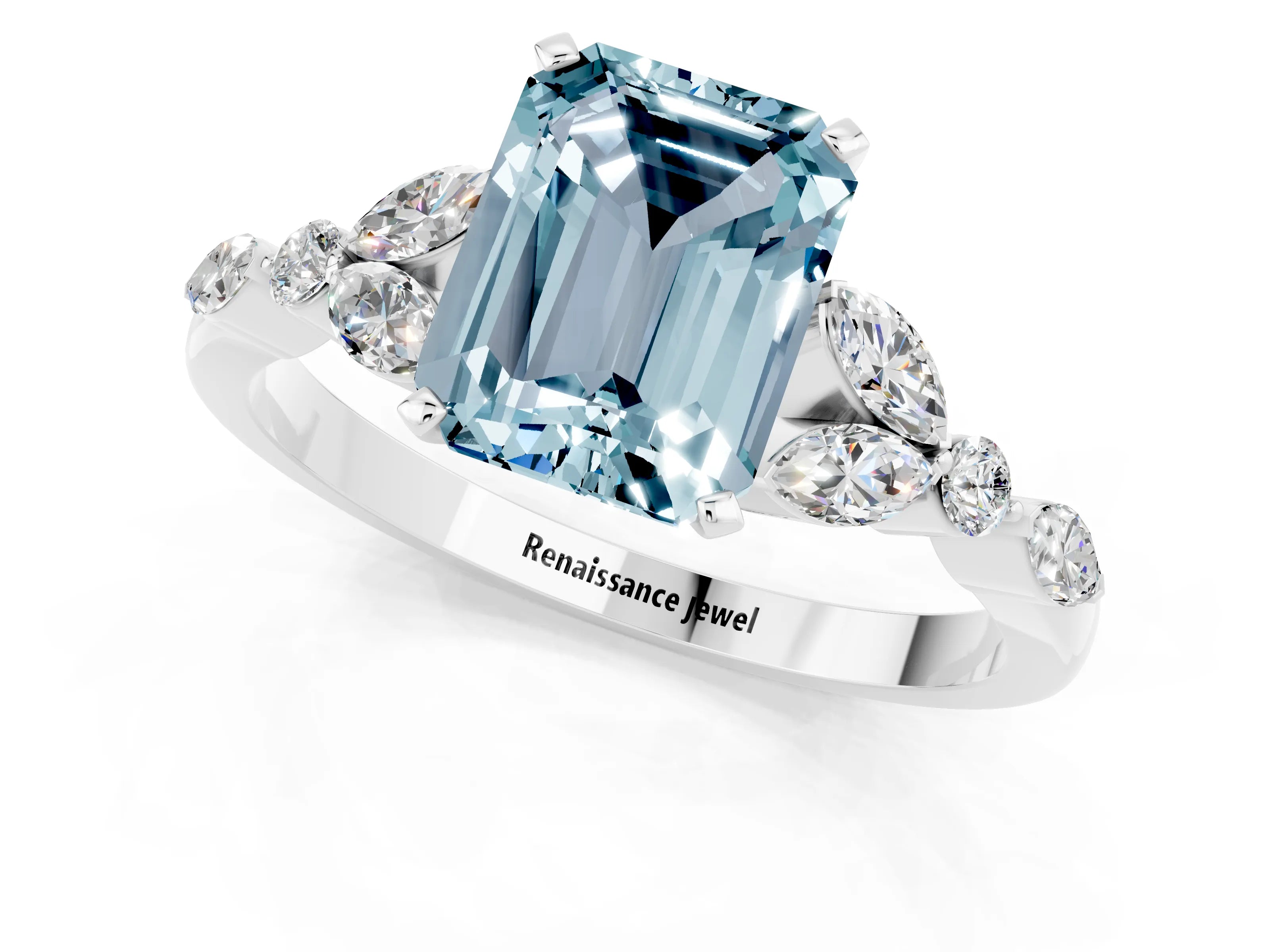 White gold Emerald Cut Aquamarine Solitaire Ring with Side Stones and Four-Prong Setting_13