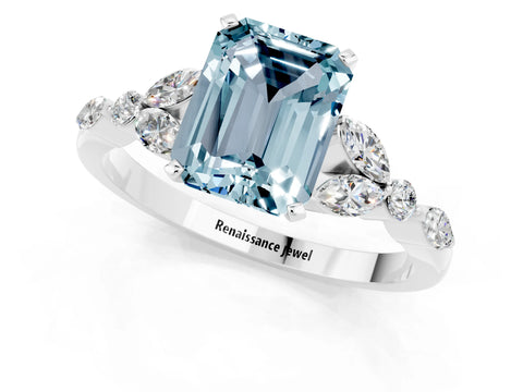 White gold Emerald Cut Aquamarine Solitaire Ring with Side Stones and Four-Prong Setting_13