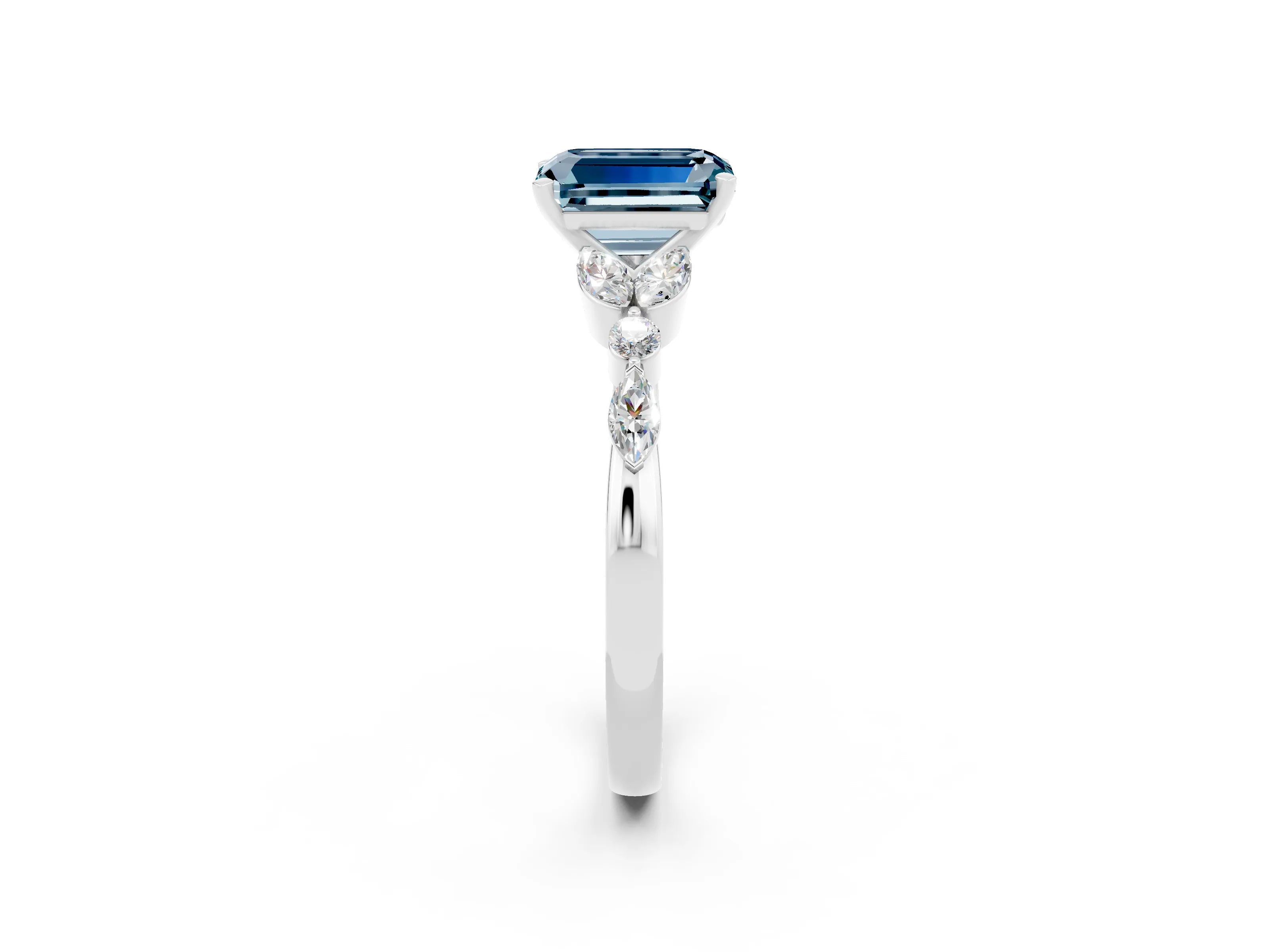 White gold Emerald Cut Aquamarine Solitaire Ring with Side Stones and Four-Prong Setting_14