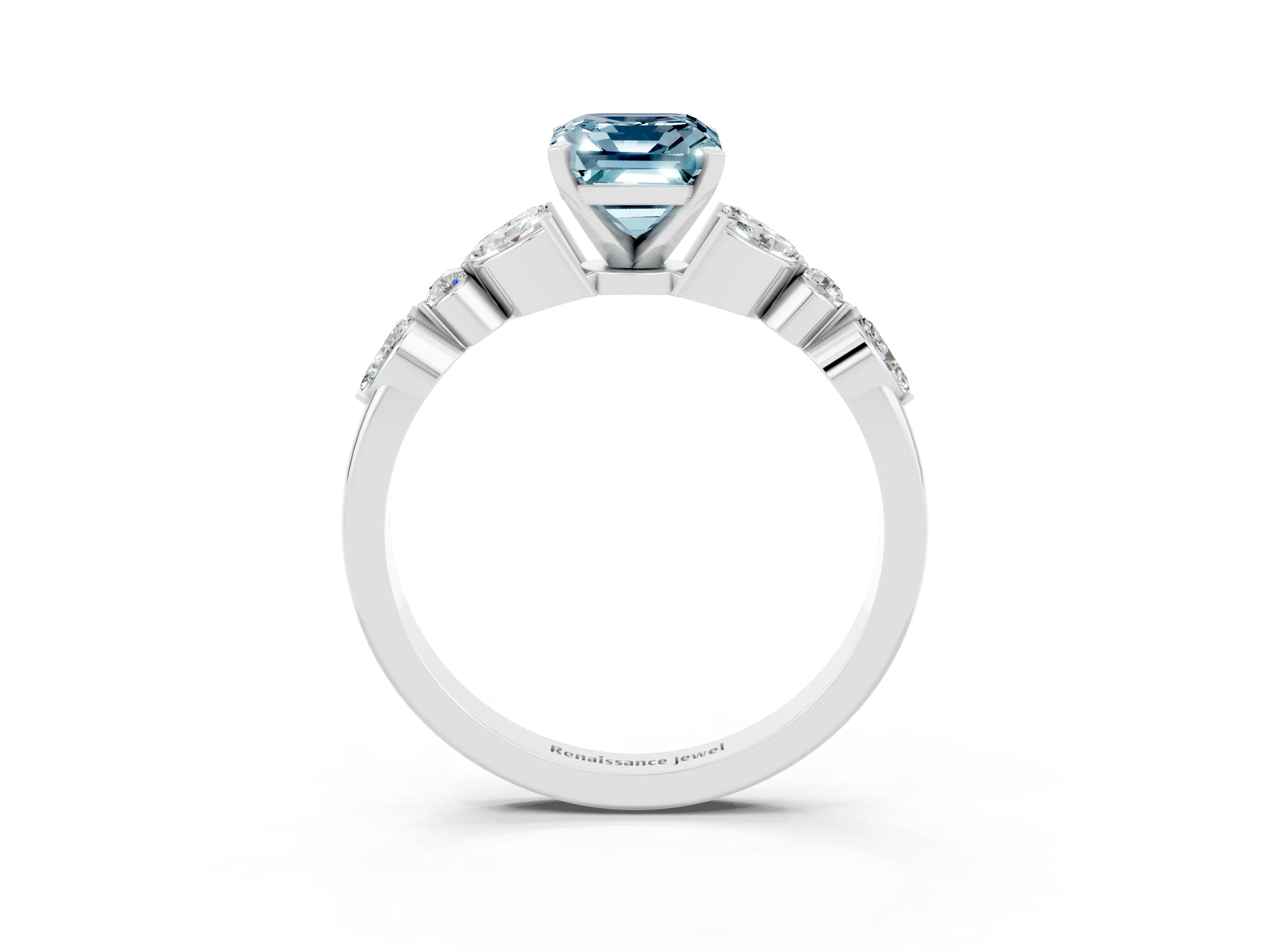 White gold Emerald Cut Aquamarine Solitaire Ring with Side Stones and Four-Prong Setting_15