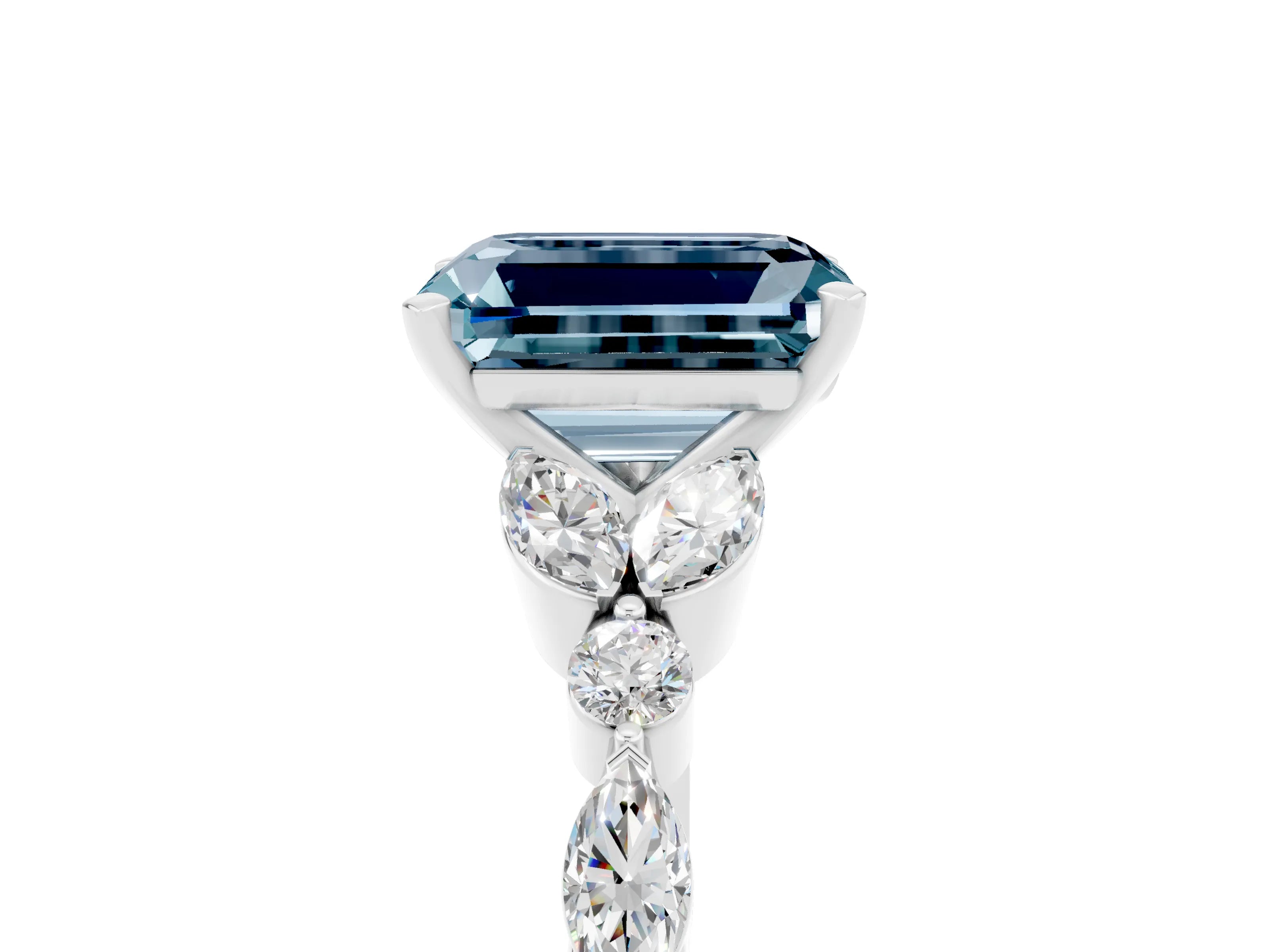 White gold Emerald Cut Aquamarine Solitaire Ring with Side Stones and Four-Prong Setting_17
