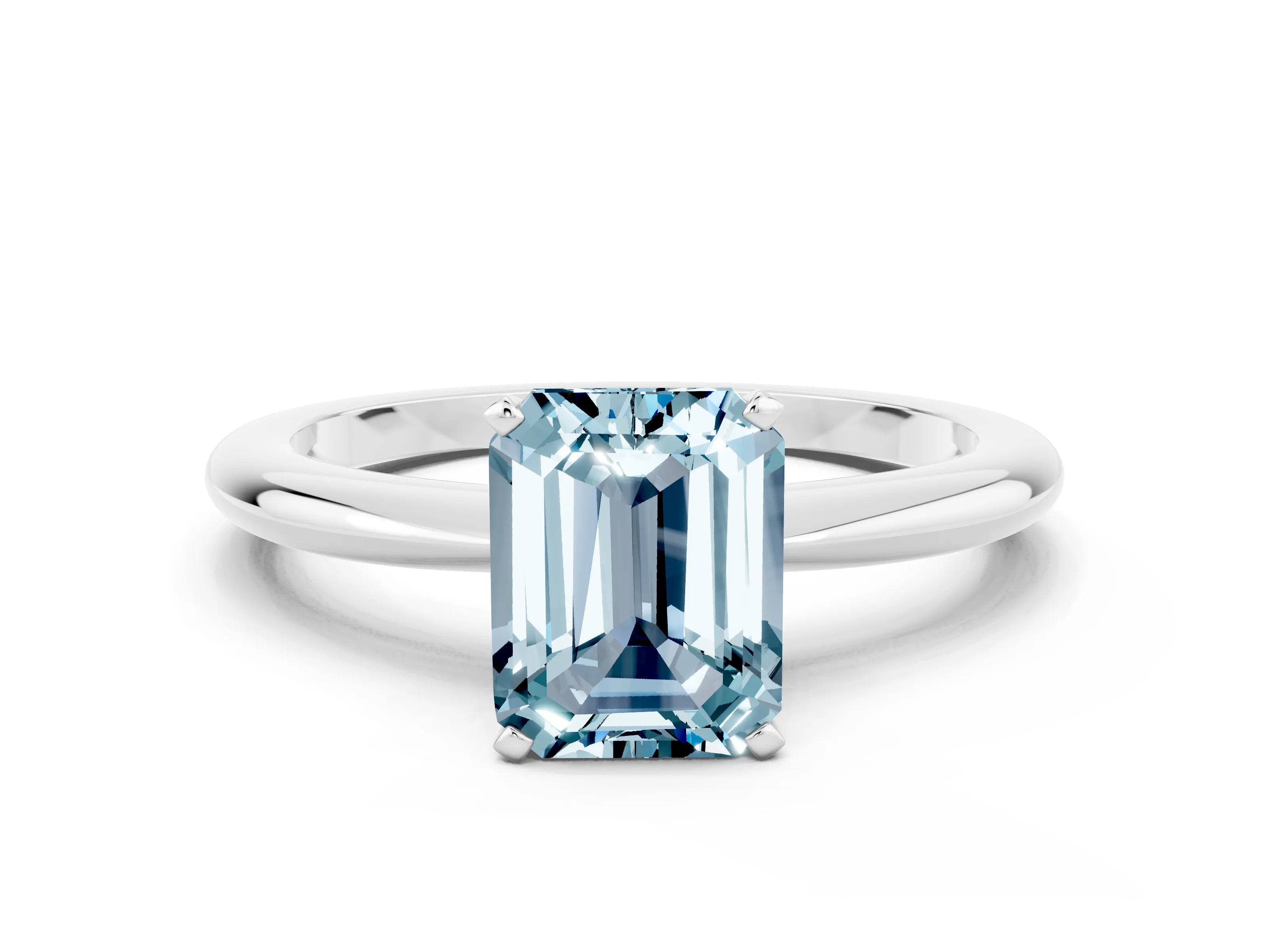 White gold Emerald Cut Aquamarine Solitaire Ring with Six-Prong Setting and Classic Band