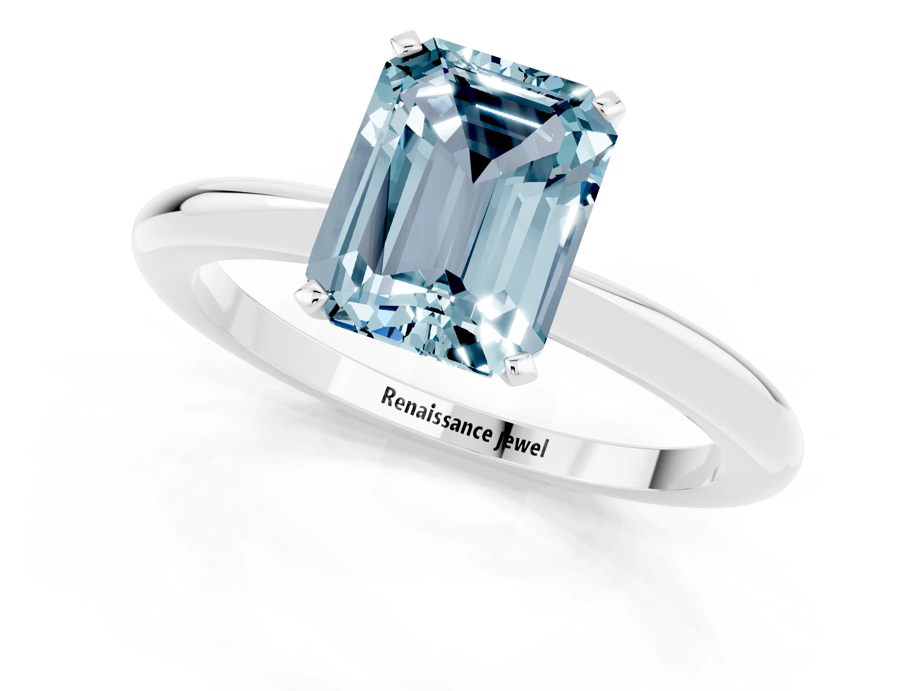 White gold Emerald Cut Aquamarine Solitaire Ring with Six-Prong Setting and Classic Band_13