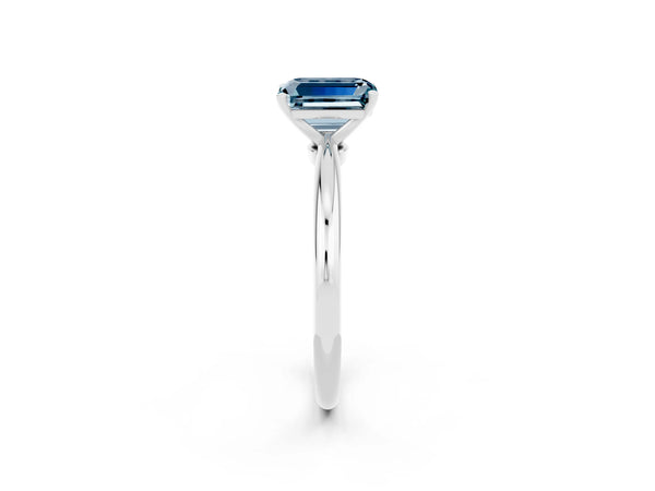White gold Emerald Cut Aquamarine Solitaire Ring with Six-Prong Setting and Classic Band