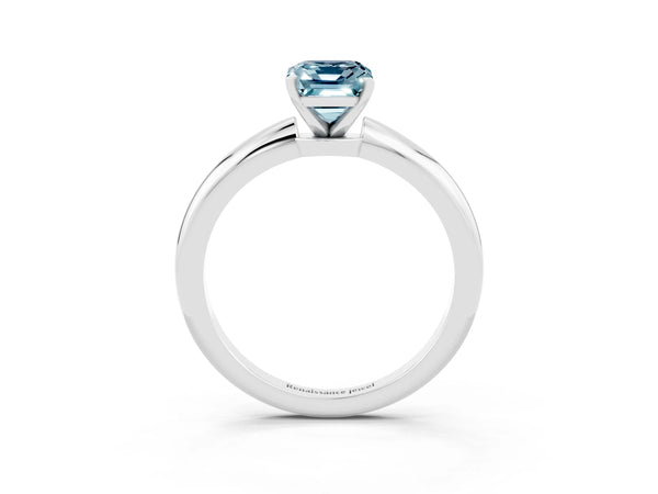 White gold Emerald Cut Aquamarine Solitaire Ring with Six-Prong Setting and Classic Band