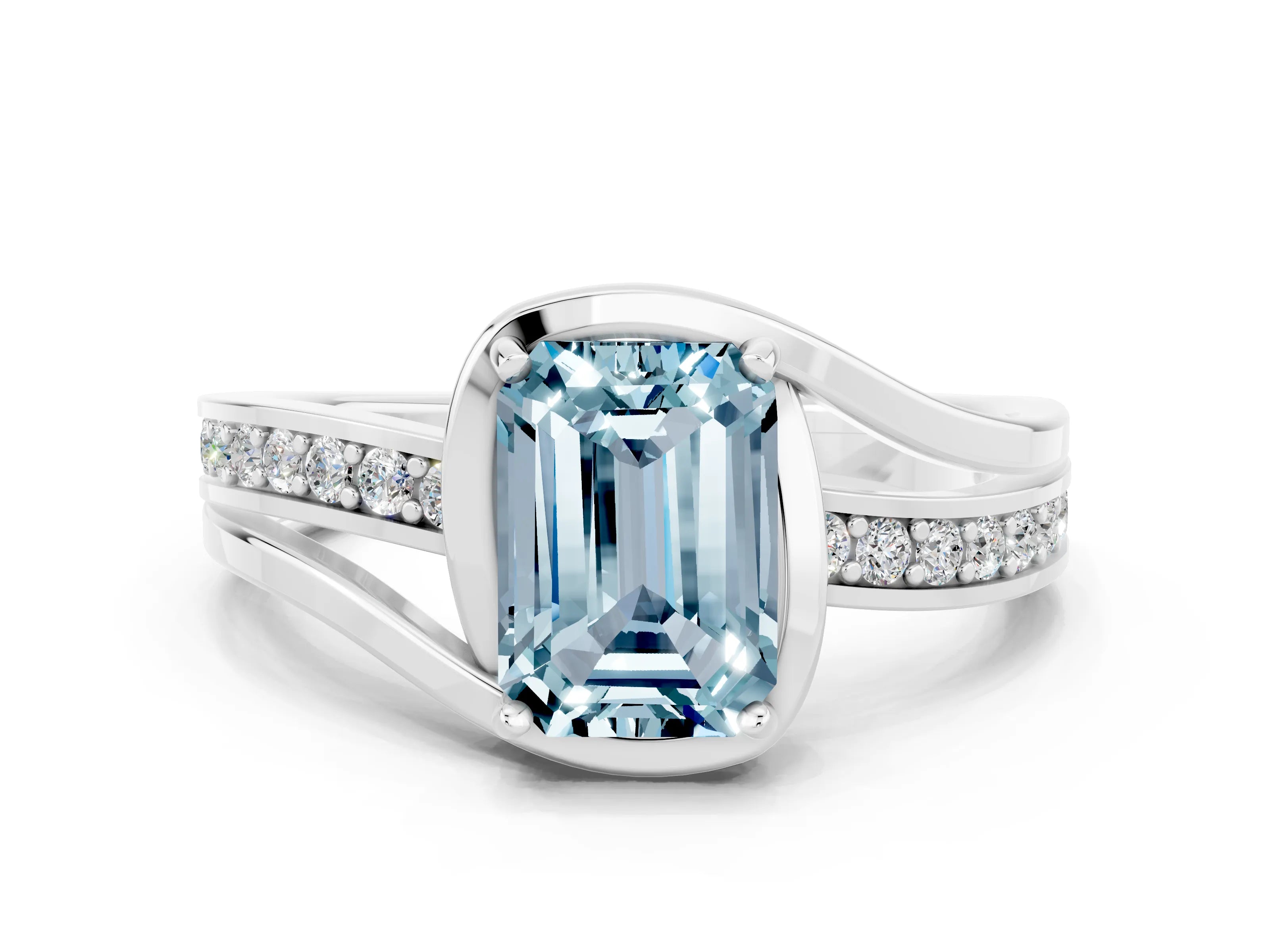 White gold Emerald Cut Aquamarine Solitaire Ring with Split Shank and Prong Setting