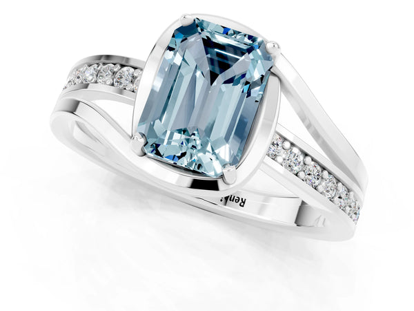 Silver Emerald Cut Aquamarine Solitaire Ring with Split Shank and Prong Setting