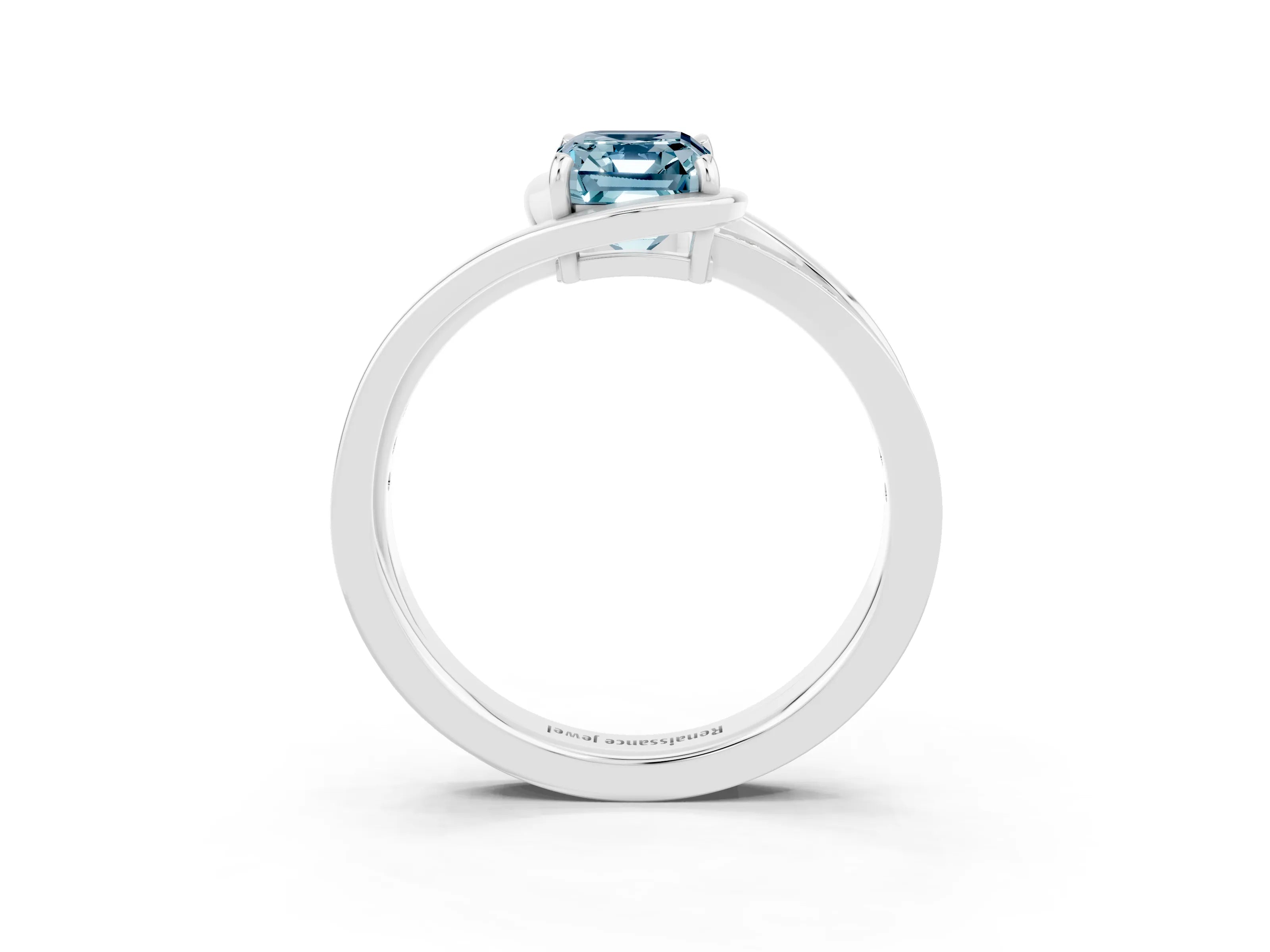 White gold Emerald Cut Aquamarine Solitaire Ring with Split Shank and Prong Setting_3