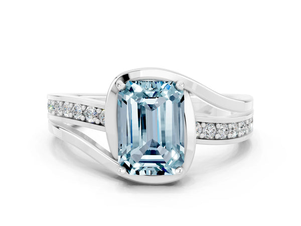 White gold Emerald Cut Aquamarine Solitaire Ring with Split Shank and Prong Setting