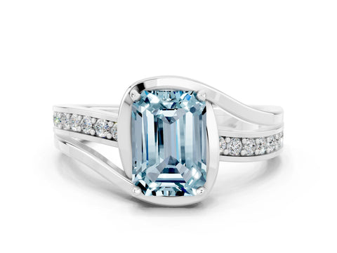 White gold Emerald Cut Aquamarine Solitaire Ring with Split Shank and Prong Setting