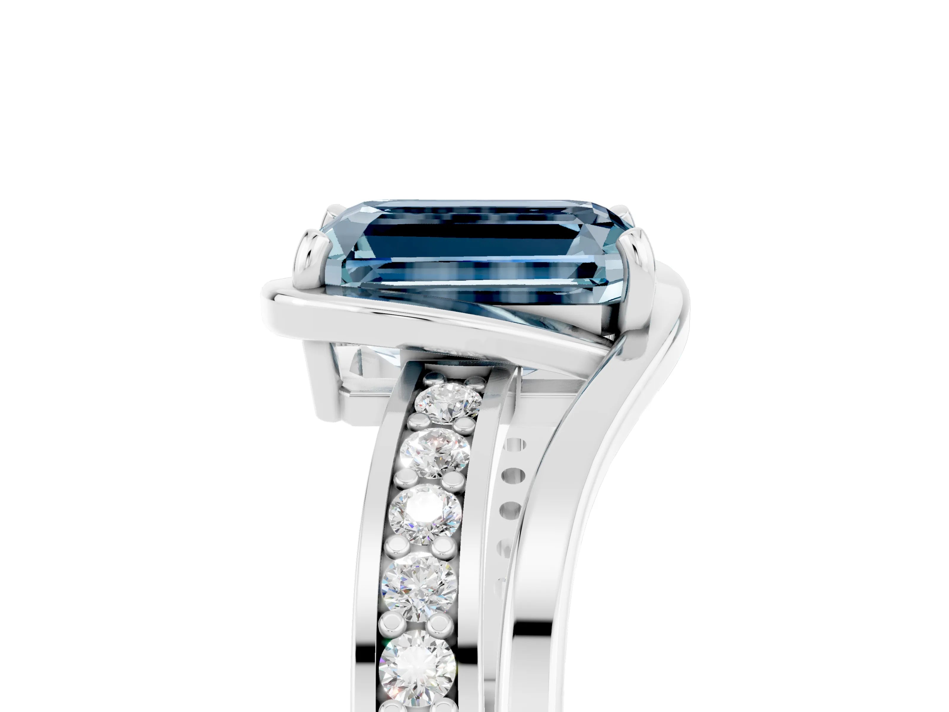White gold Emerald Cut Aquamarine Solitaire Ring with Split Shank and Prong Setting_5