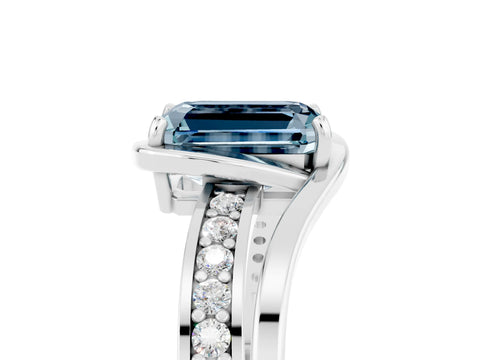 White gold Emerald Cut Aquamarine Solitaire Ring with Split Shank and Prong Setting_5