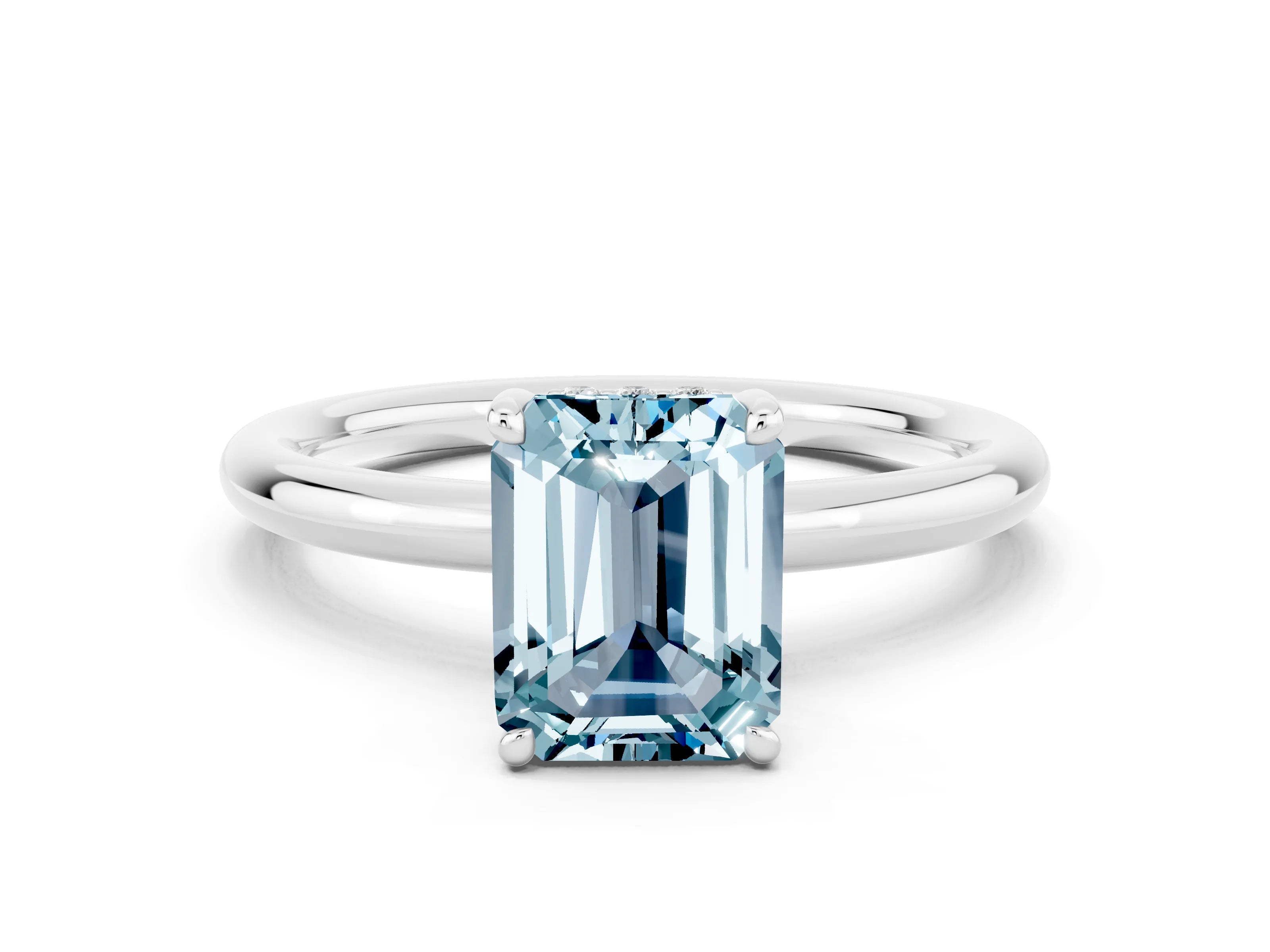 White gold Emerald Cut Aquamarine Solitaire Ring with Thin Band and Four-Prong Setting_12