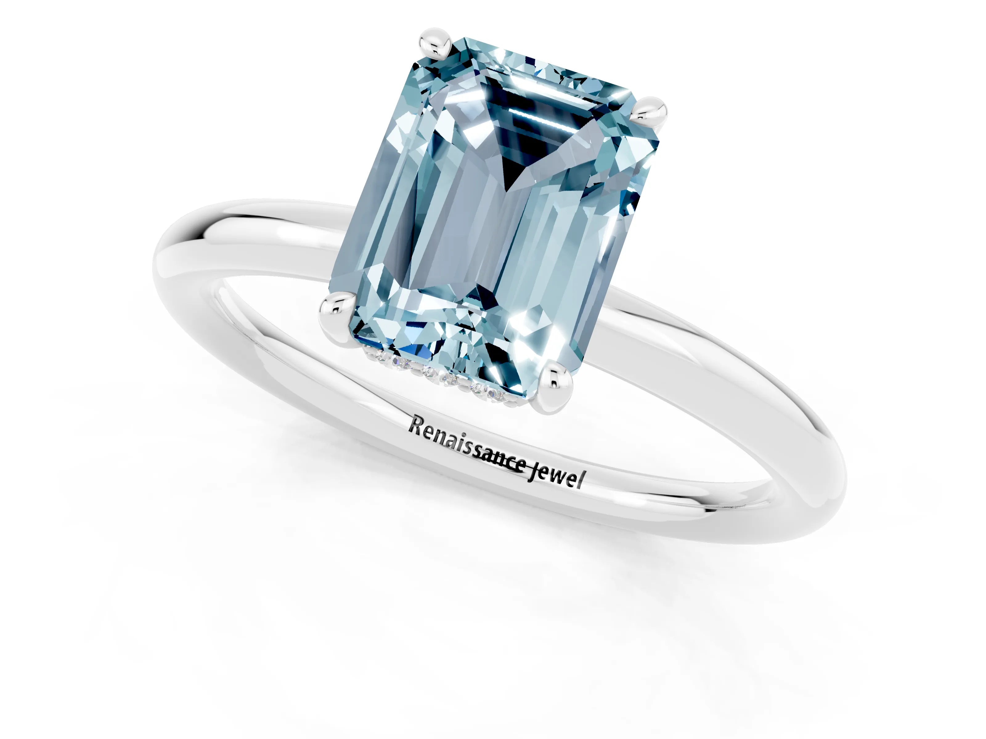 White gold Emerald Cut Aquamarine Solitaire Ring with Thin Band and Four-Prong Setting_13