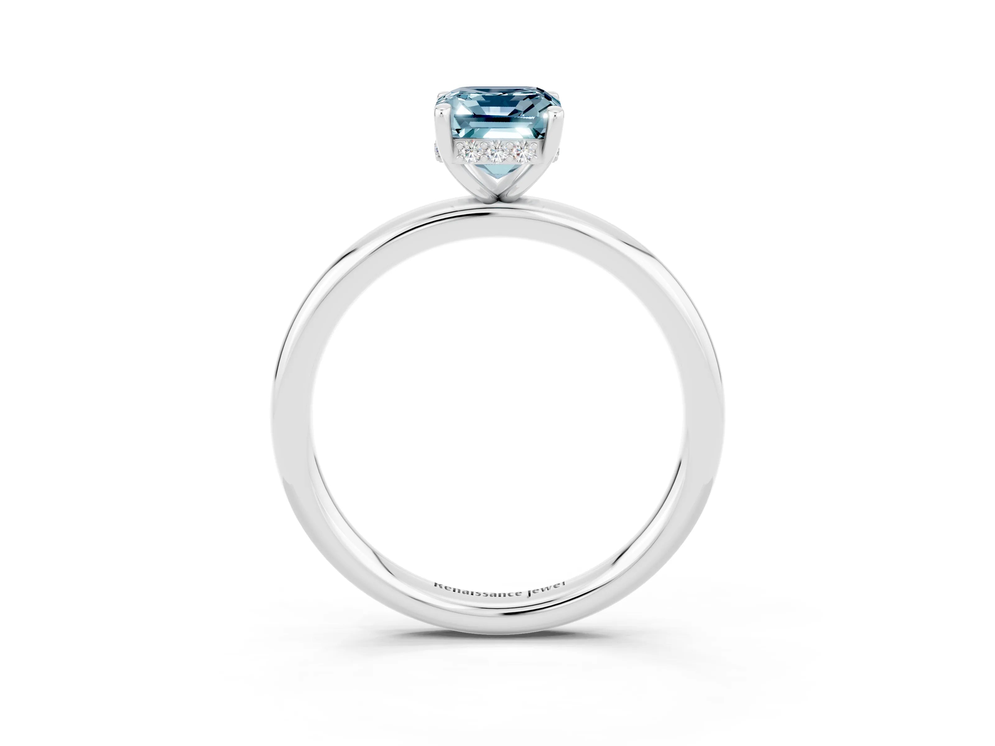 White gold Emerald Cut Aquamarine Solitaire Ring with Thin Band and Four-Prong Setting_15