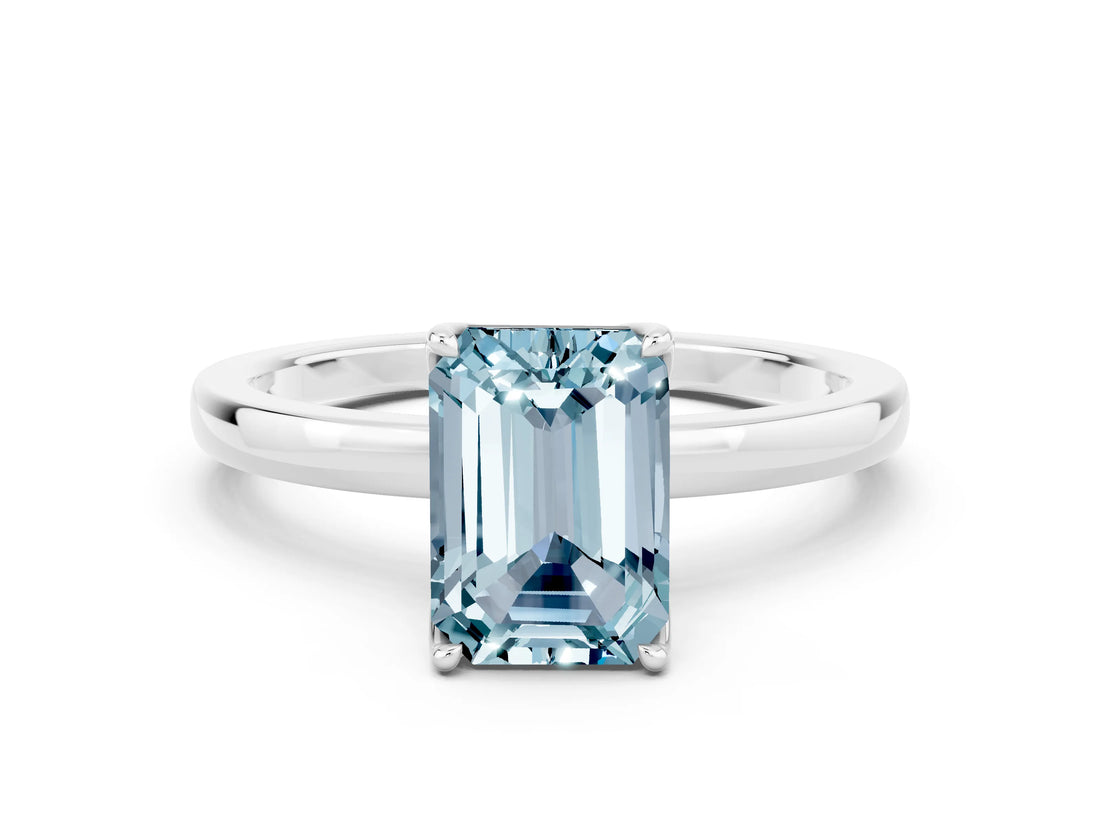 White gold Emerald Cut Aquamarine Solitaire Ring with Thin Band and Prong Setting_12