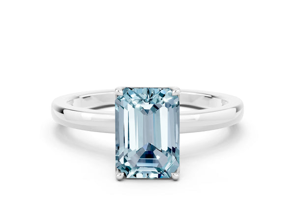 White gold Emerald Cut Aquamarine Solitaire Ring with Thin Band and Prong Setting