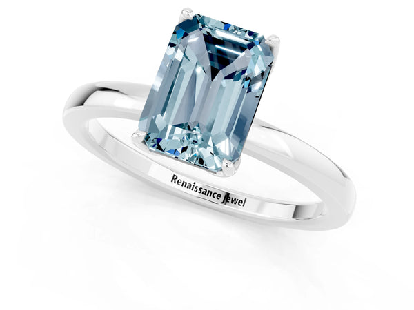 Silver Emerald Cut Aquamarine Solitaire Ring with Thin Band and Prong Setting