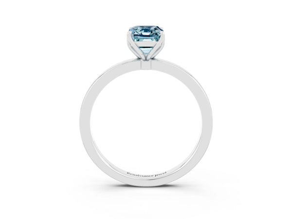 Platinum Emerald Cut Aquamarine Solitaire Ring with Thin Band and Prong Setting