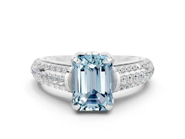 Silver Emerald Cut Aquamarine Solitaire Ring with Three-Row Pavé Band and Four-Prong Setting