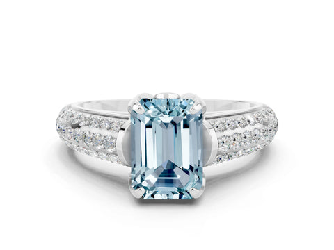 White gold Emerald Cut Aquamarine Solitaire Ring with Three-Row Pavé Band and Four-Prong Setting_12