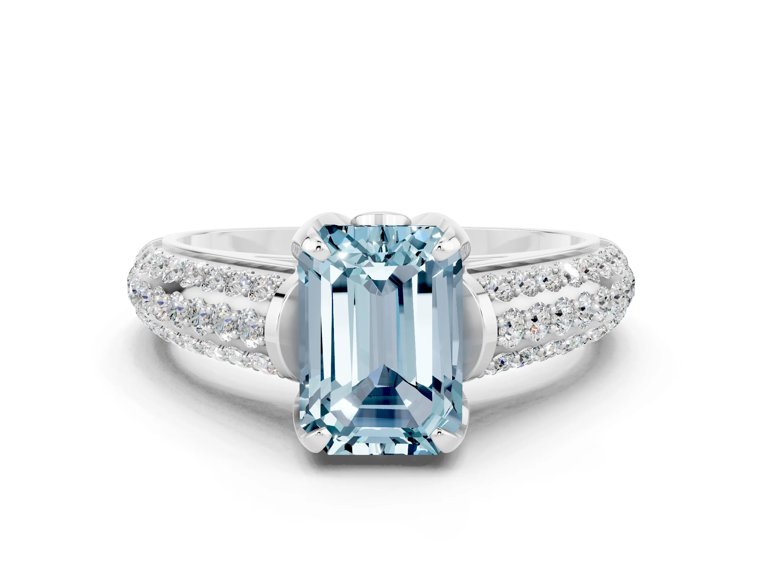 White gold Emerald Cut Aquamarine Solitaire Ring with Three-Row Pavé Band and Four-Prong Setting_12