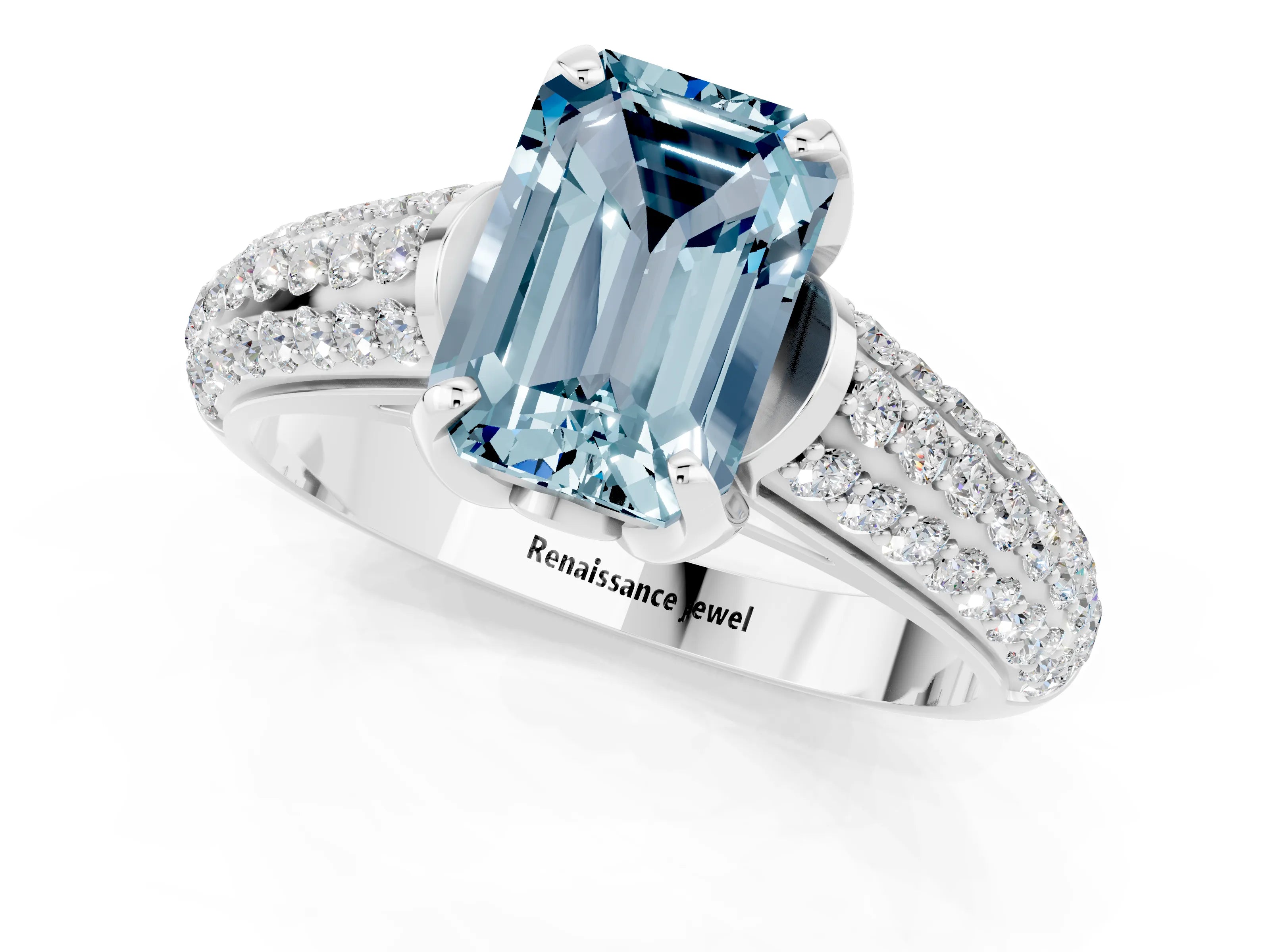 White gold Emerald Cut Aquamarine Solitaire Ring with Three-Row Pavé Band and Four-Prong Setting_13