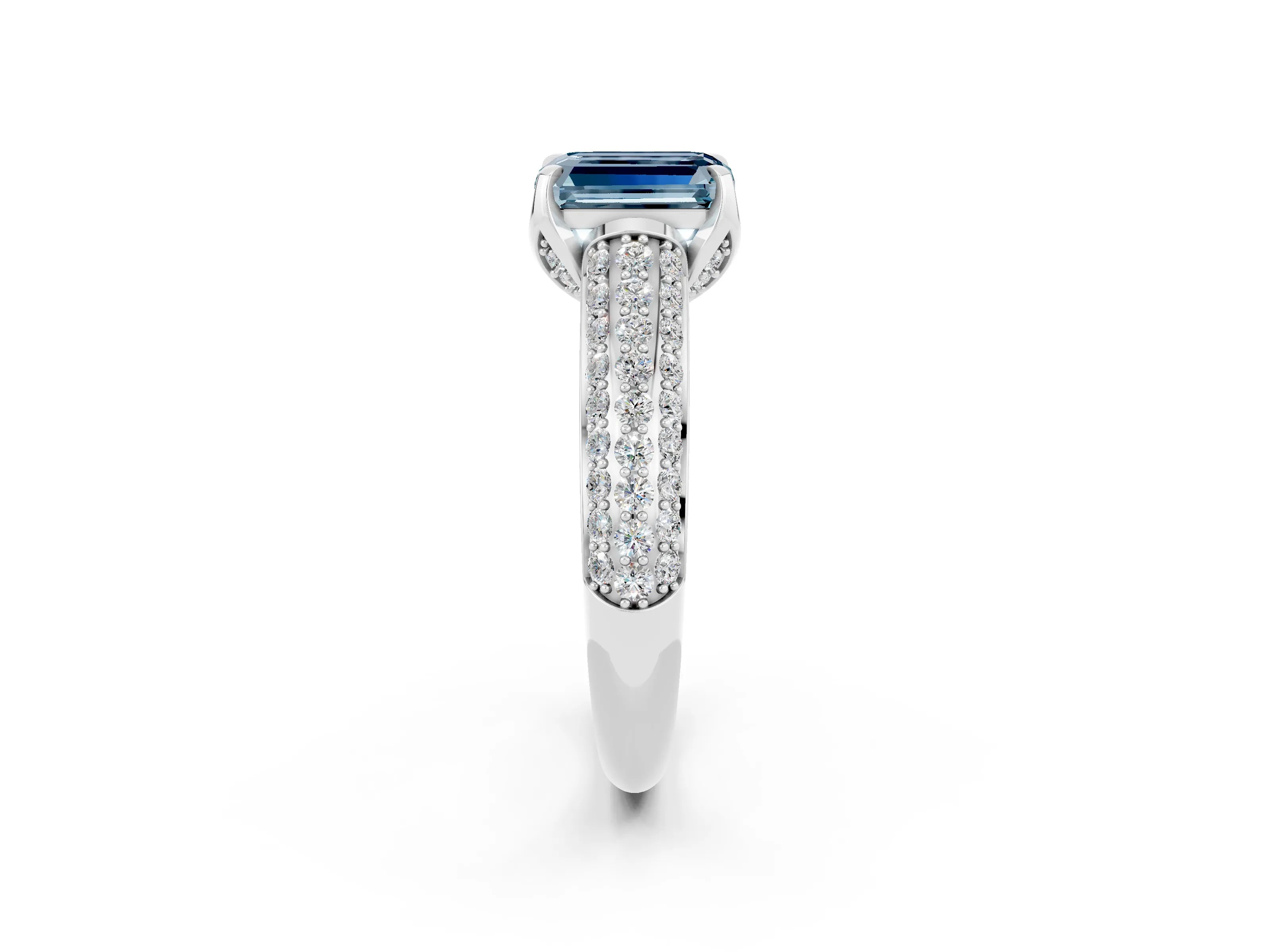 White gold Emerald Cut Aquamarine Solitaire Ring with Three-Row Pavé Band and Four-Prong Setting_14