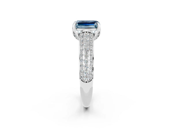White gold Emerald Cut Aquamarine Solitaire Ring with Three-Row Pavé Band and Four-Prong Setting