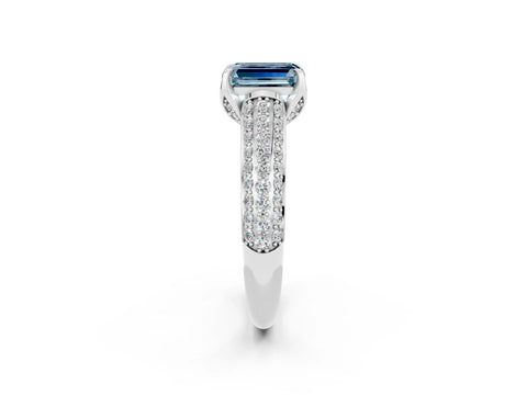 White gold Emerald Cut Aquamarine Solitaire Ring with Three-Row Pavé Band and Four-Prong Setting_14