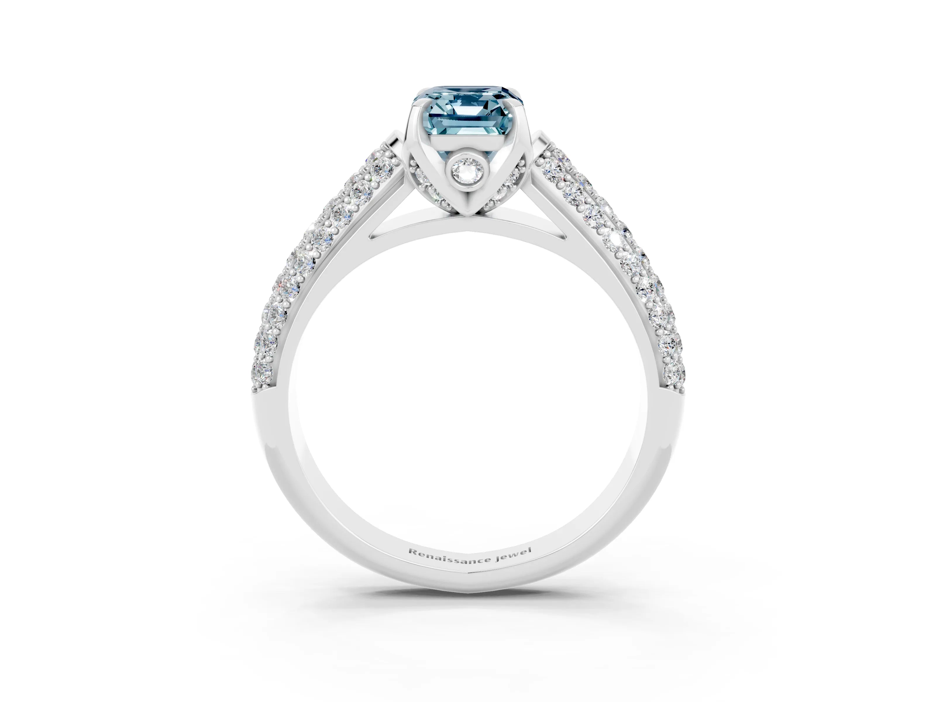 White gold Emerald Cut Aquamarine Solitaire Ring with Three-Row Pavé Band and Four-Prong Setting_15