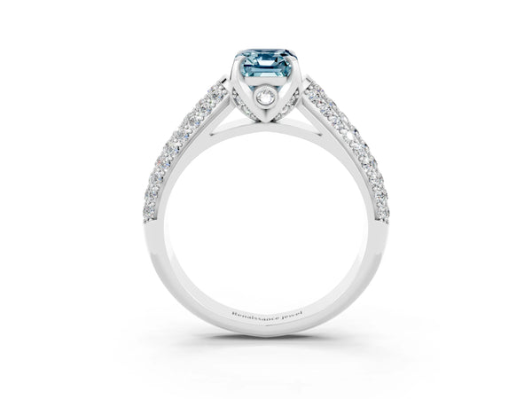 Platinum Emerald Cut Aquamarine Solitaire Ring with Three-Row Pavé Band and Four-Prong Setting