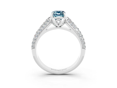 White gold Emerald Cut Aquamarine Solitaire Ring with Three-Row Pavé Band and Four-Prong Setting_15