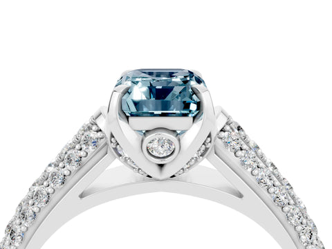 White gold Emerald Cut Aquamarine Solitaire Ring with Three-Row Pavé Band and Four-Prong Setting_16