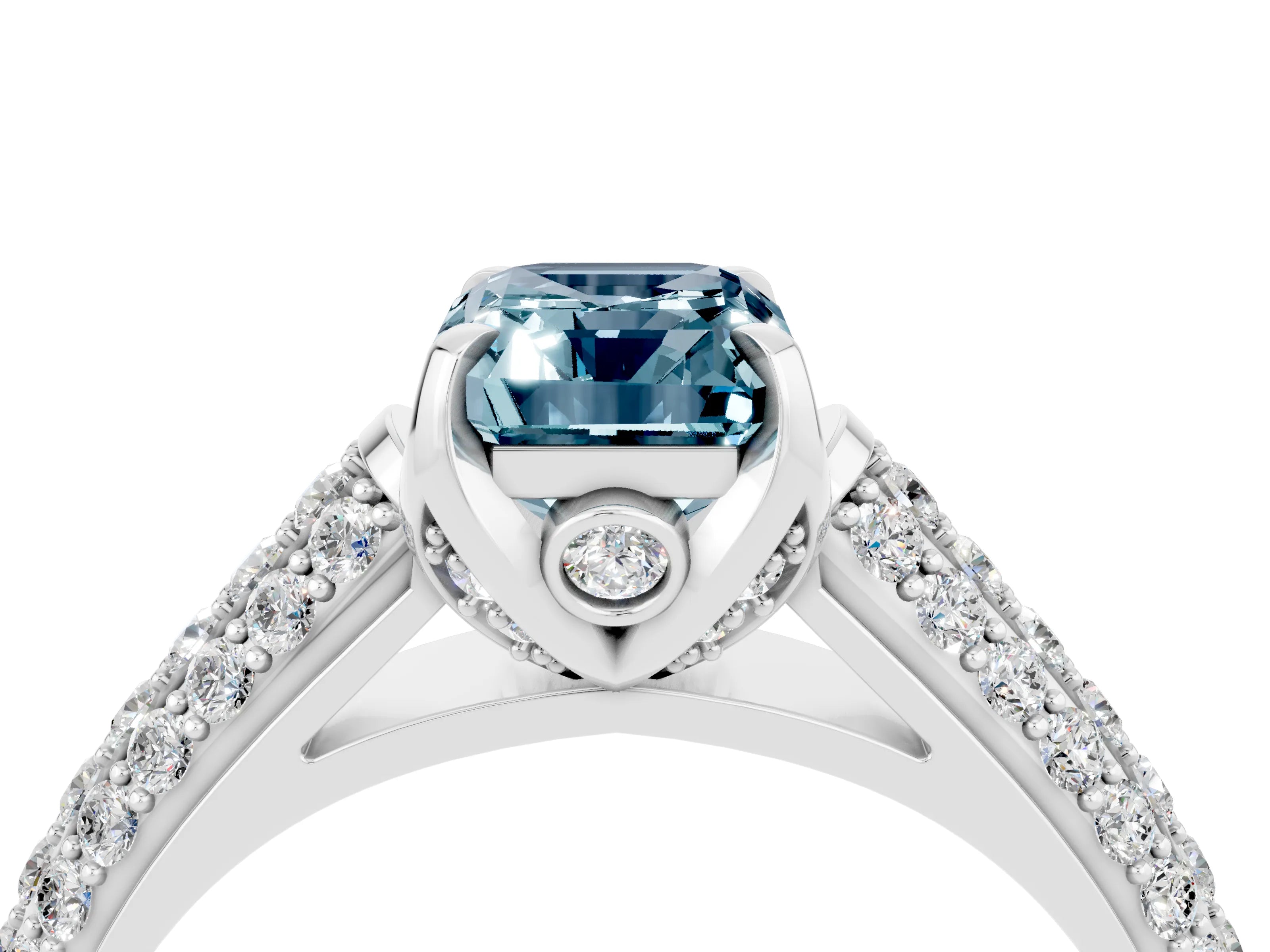 White gold Emerald Cut Aquamarine Solitaire Ring with Three-Row Pavé Band and Four-Prong Setting_16