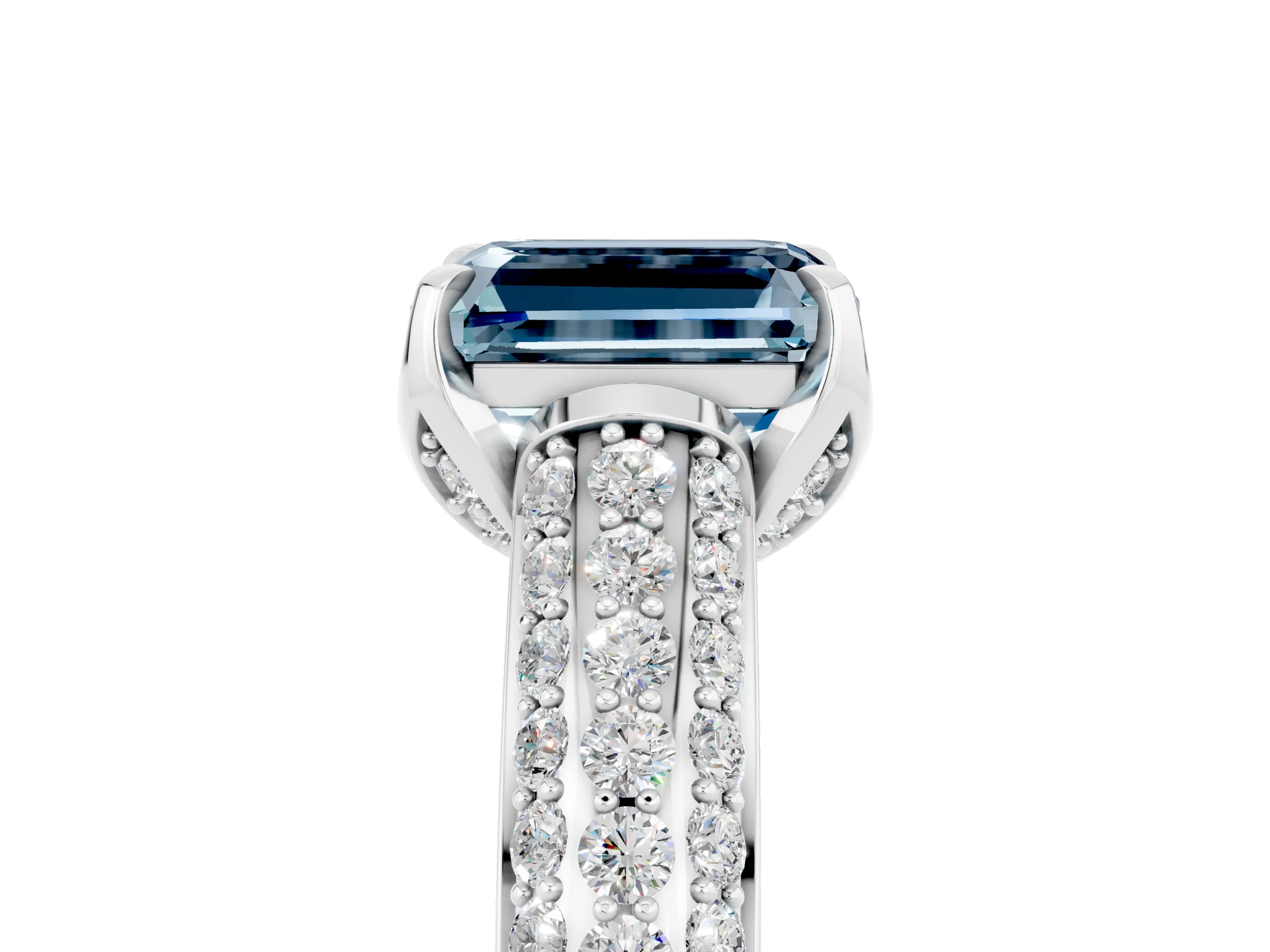 White gold Emerald Cut Aquamarine Solitaire Ring with Three-Row Pavé Band and Four-Prong Setting_17