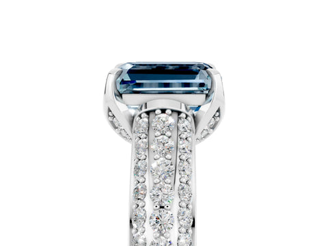 White gold Emerald Cut Aquamarine Solitaire Ring with Three-Row Pavé Band and Four-Prong Setting_17