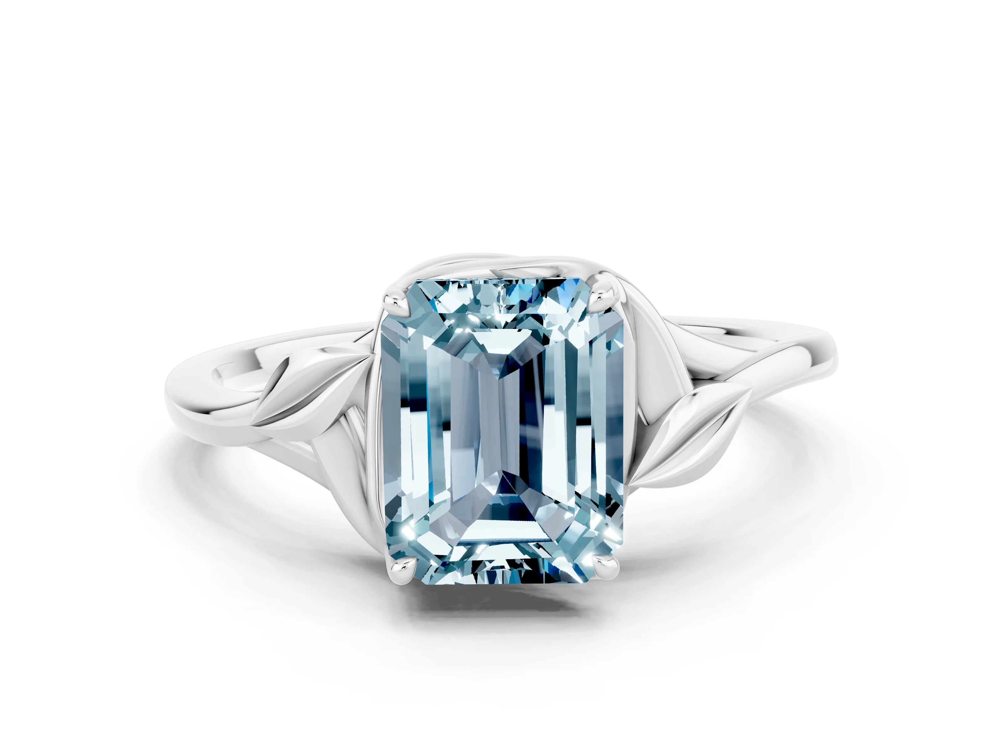 White gold Emerald Cut Aquamarine Solitaire Ring with Twist Band and Four-Prong Setting_12