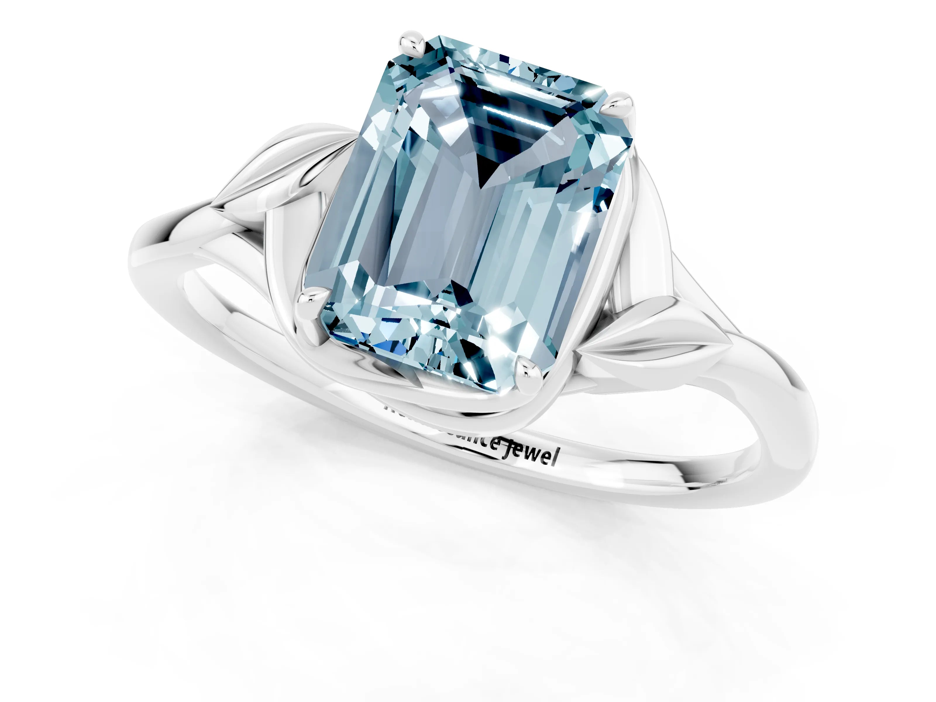 White gold Emerald Cut Aquamarine Solitaire Ring with Twist Band and Four-Prong Setting_13
