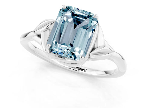 White gold Emerald Cut Aquamarine Solitaire Ring with Twist Band and Four-Prong Setting_13