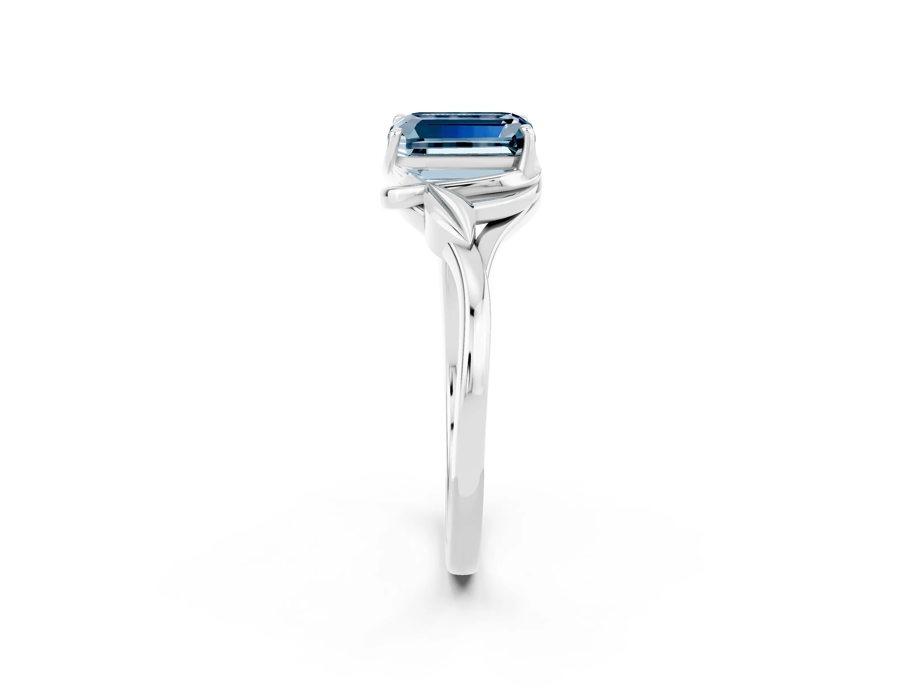 White gold Emerald Cut Aquamarine Solitaire Ring with Twist Band and Four-Prong Setting_14