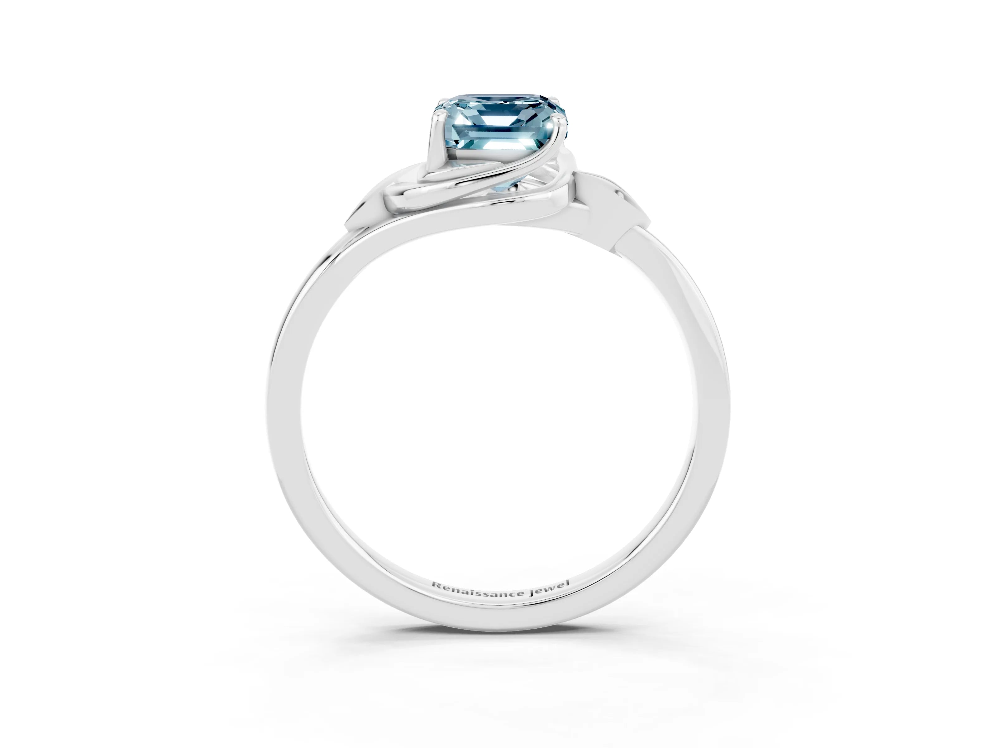 White gold Emerald Cut Aquamarine Solitaire Ring with Twist Band and Four-Prong Setting_15